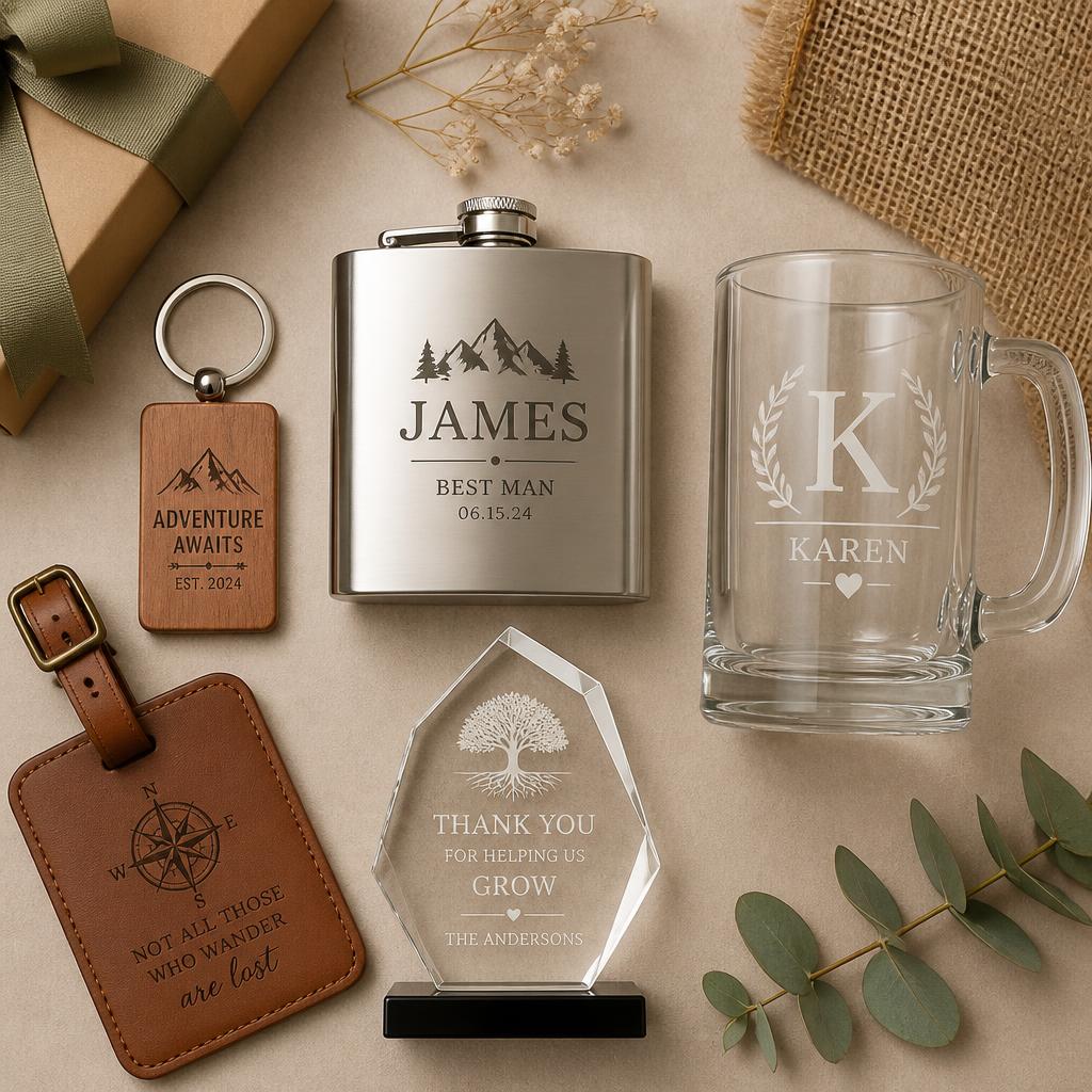Custom engraved gifts flat lay